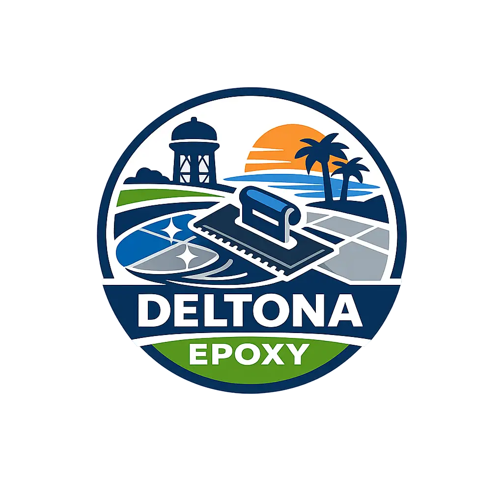 Deltona Epoxy logo featuring trowel, water tower, palm trees, and decorative flooring design